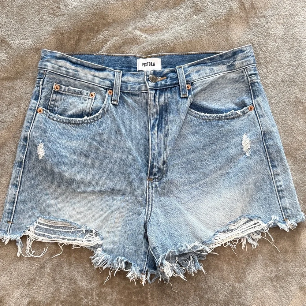 pistola Maeve Light Blue Distressed High-Rise Denim Shorts